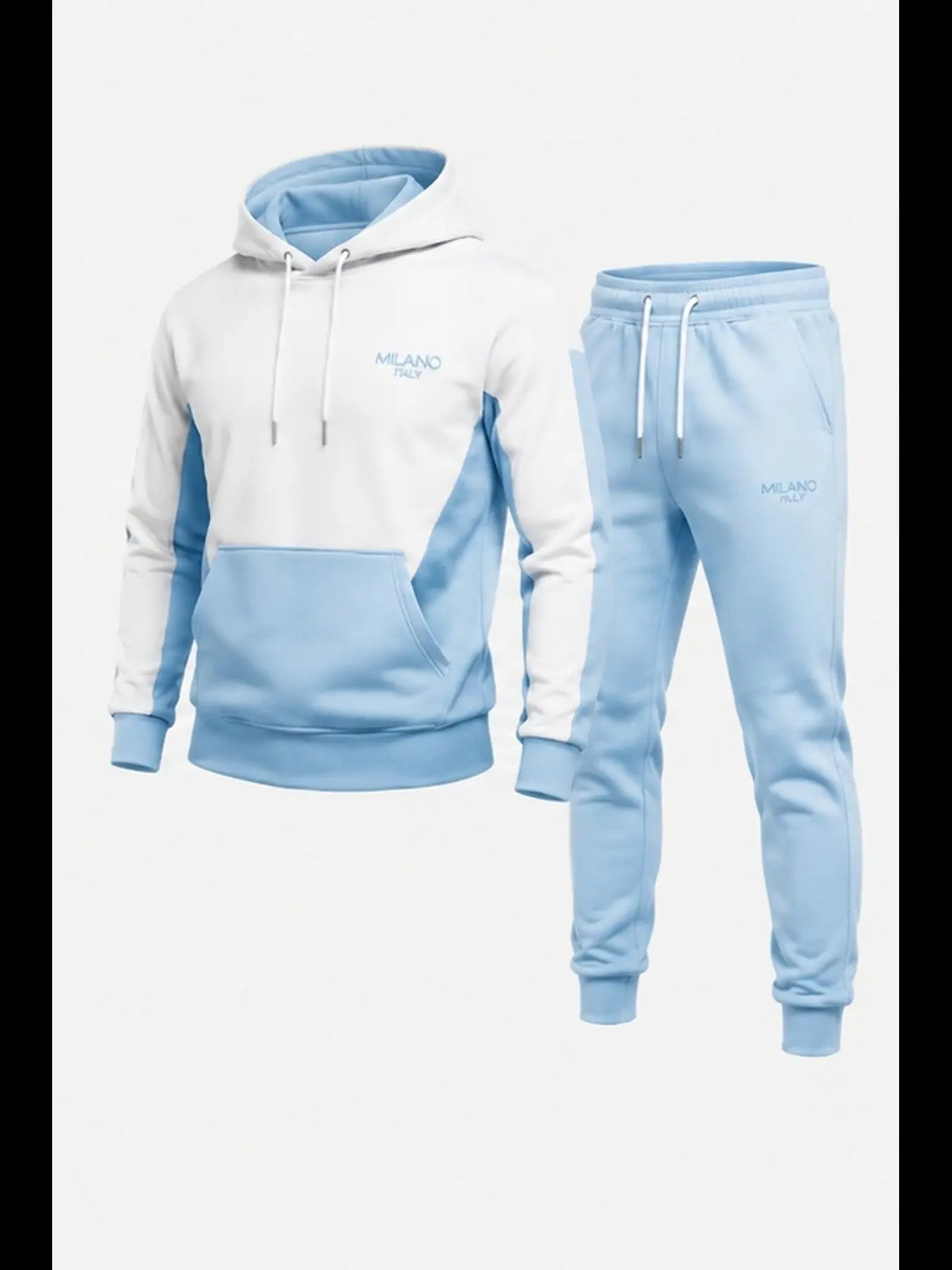 Men's Plus Size Light Blue Sweatpants Set, -Blue Embroidered Hoodie, High Elasticity Breathable, Casual Fall Winter