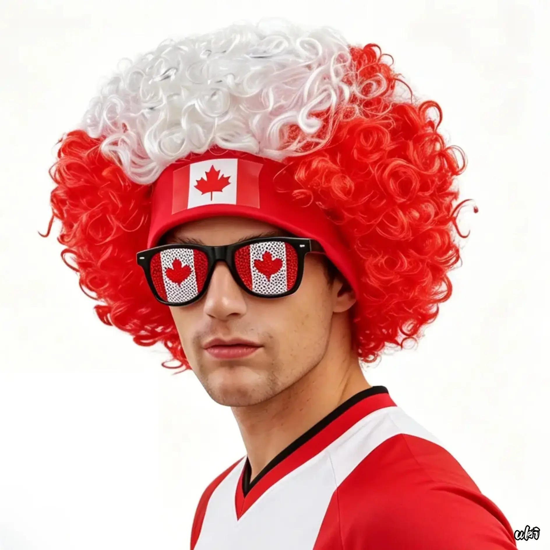 2 Piece Canada Maple Leaf Fan Costume Set, Red White Fluffy Afro Curly Wig With Canadian Flag Headband And Maple Leaf Print Lens Sunglasses, Adult Cheer Accessory Kit For Canada Day National Party Decor Celebrating the victory of the Canadian team