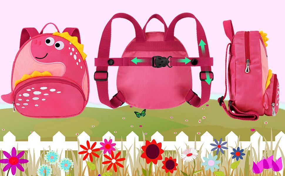 BY-XY Toddler Backpack Harness with Safety Leash, Cute Dinosaur Harnesses with Kids Anti Lost Wrist Link, Mini Child Schoolbag with Wristband Tether Strap and Protection Leashes for Baby Girls (Pink)