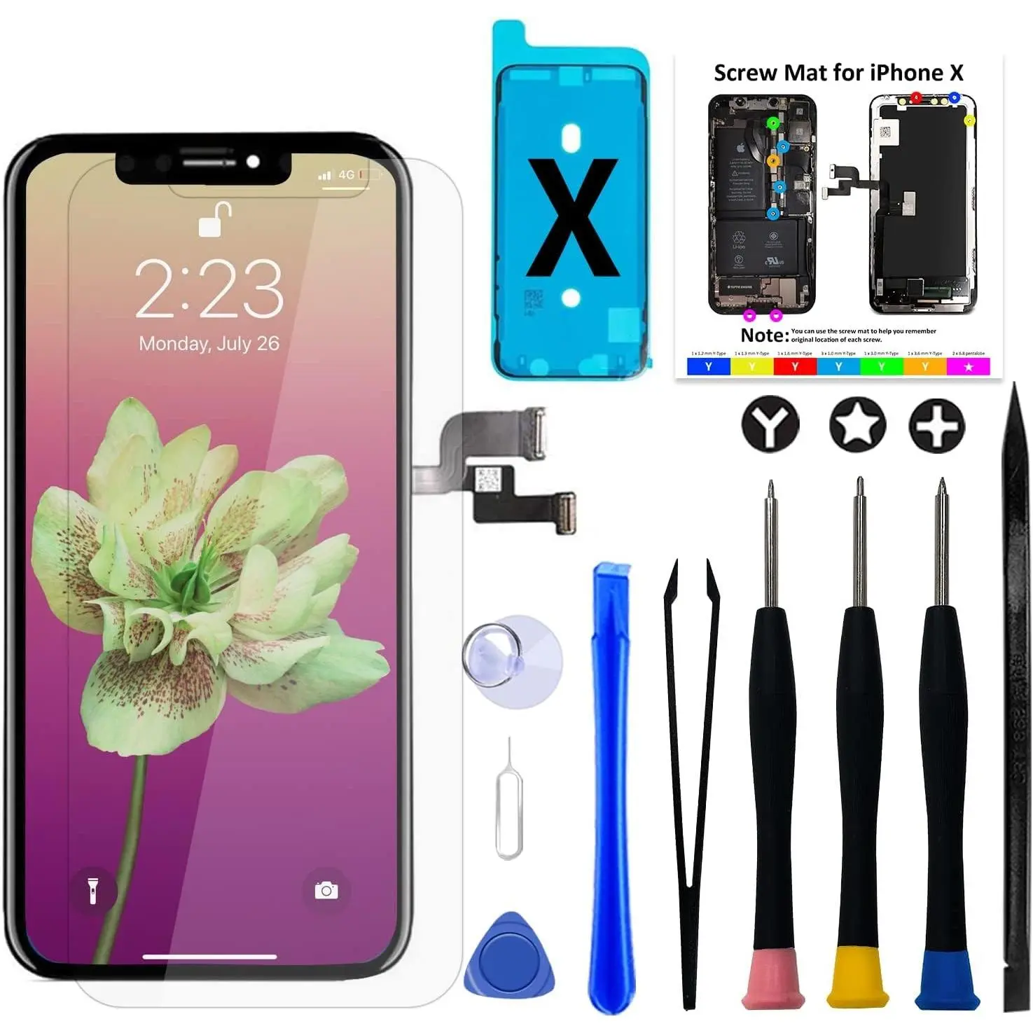 iPhone X Screen Replacement Kit, 5.8" Full HD Retina LCD Display COF Touch Screen Digitizer Assembly Set with Repair Tools, Waterproof Adhesive, Tempered Glass