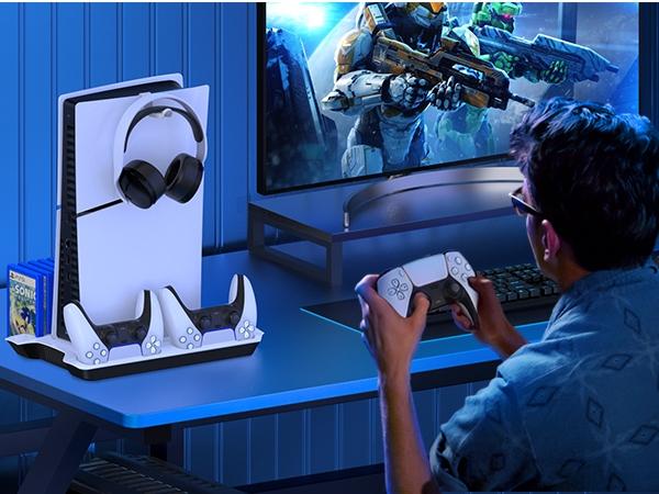 PS5 Silm Stand,Beboncool PS5 Cooling Fan Stand and Dual Controller Charger Station Compatible with PS5 optical drive version/digital version and PS5 Slim new console cooling, and can charge 2 PS5 controllers at the same time