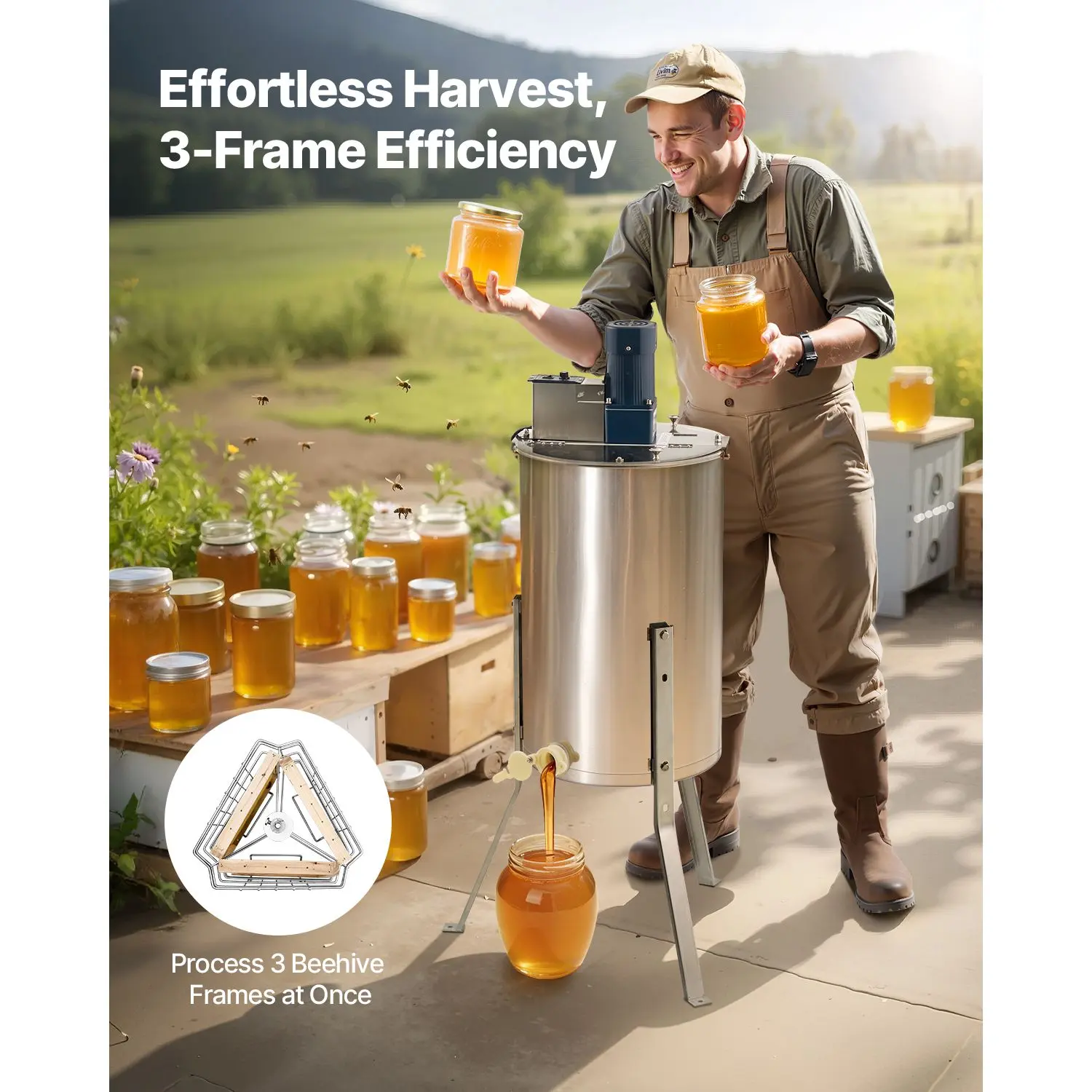 Stainless Steel Electric Honey Extractor (Honey Spinner) - 3 Frame Slots, 140W Power, Drum-Shape Tool with Transparent Lid, Height-Adjustable Beekeeping Equipment for Processing 3 Beehive Frames