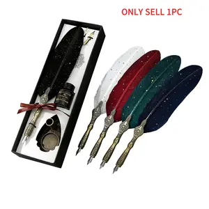 Vintage Carved Feather Pen Set, Sparkling Feather Pens, Aesthetic Pens, Calligraphy Ink Pens, Specialty Pen, Unique Pens, Standing Base, Suitable for Signing, Writing, Artistic Writing