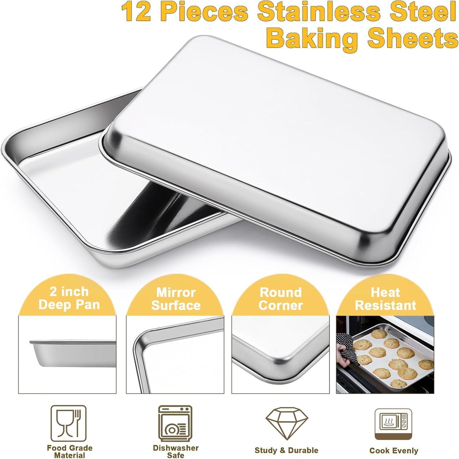 12 count Stainless Steel Baking Sheet Pan Set, Cookie Sheet Metal Baking Pan Oven Tray, Cooking Baking Sheet for Toaster Oven, Easy Clean, Dishwasher Safe, 9 x 7 x 1 Inch