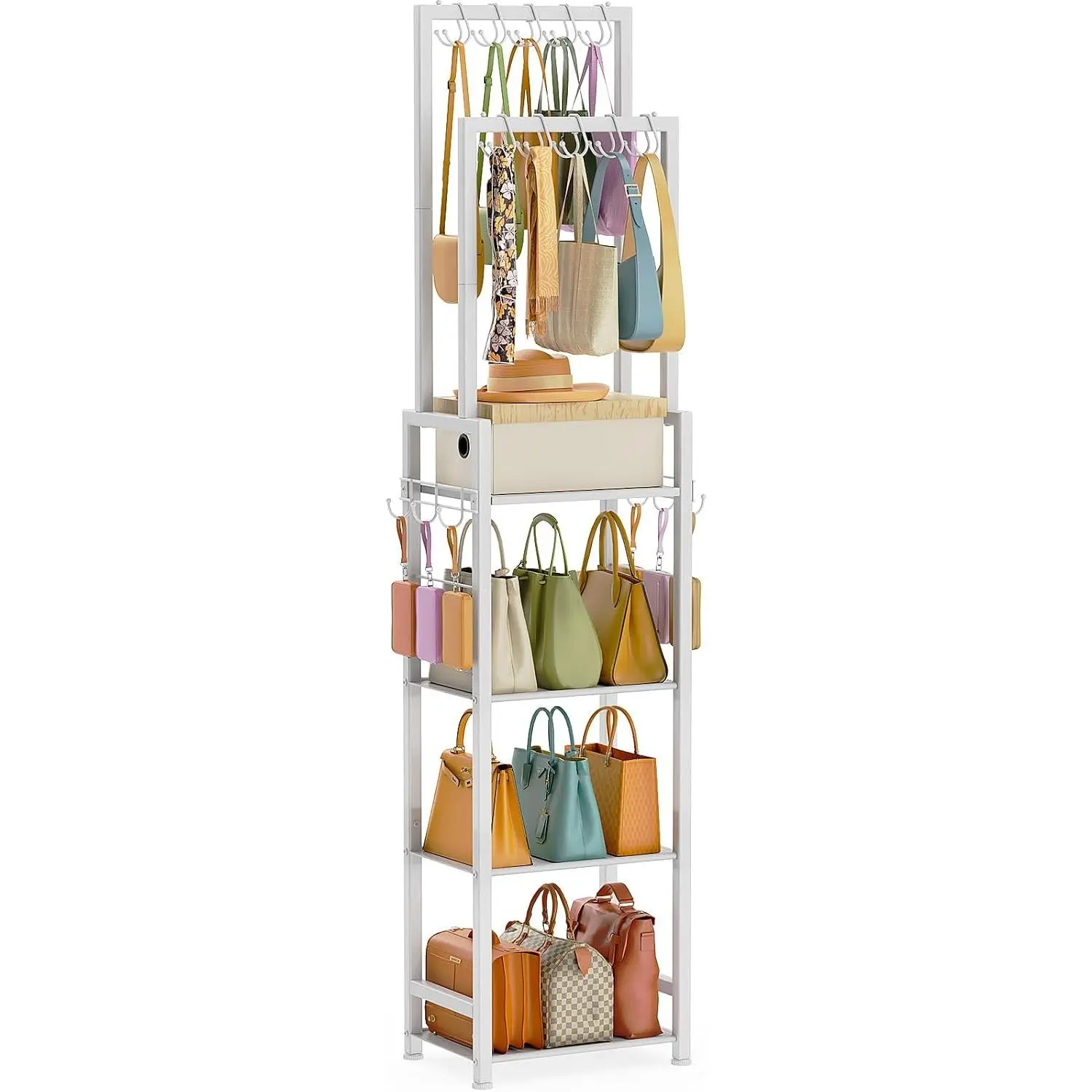 Tall Purse Organizer for Closet: 4-Tier Double Rods Purse Rack Stand with 10 Purse Hanger & 6 Side Hooks, Visible Backpack Handbag Storage, Space-Saving Narrow Purse Shelf for Small Space, ,White