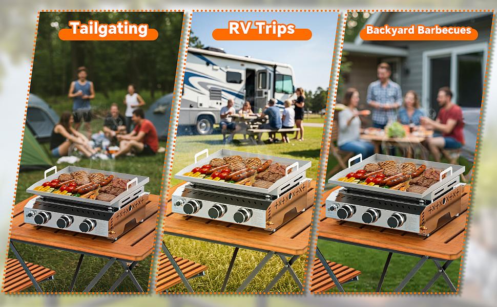 R.W.FLAME Portable Propane Griddle, Tabletop Portable Propane Gas Grill,Stainless Steel Flat Top Grill, Outdoor Cooking for Tailgating, Camping, RVs, BBQ, Patio, Silver