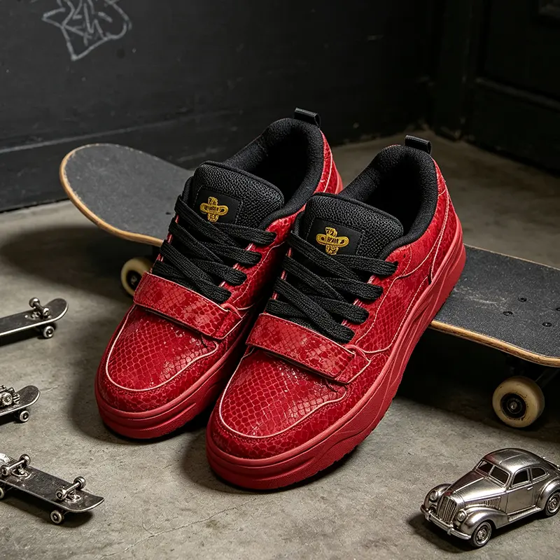 Y2K Trendy Red Dragon Embossed Texture Chunky Skate Sneakers Double Strap Platform Shoes Fashion Hip Hop Street Footwear Unisex