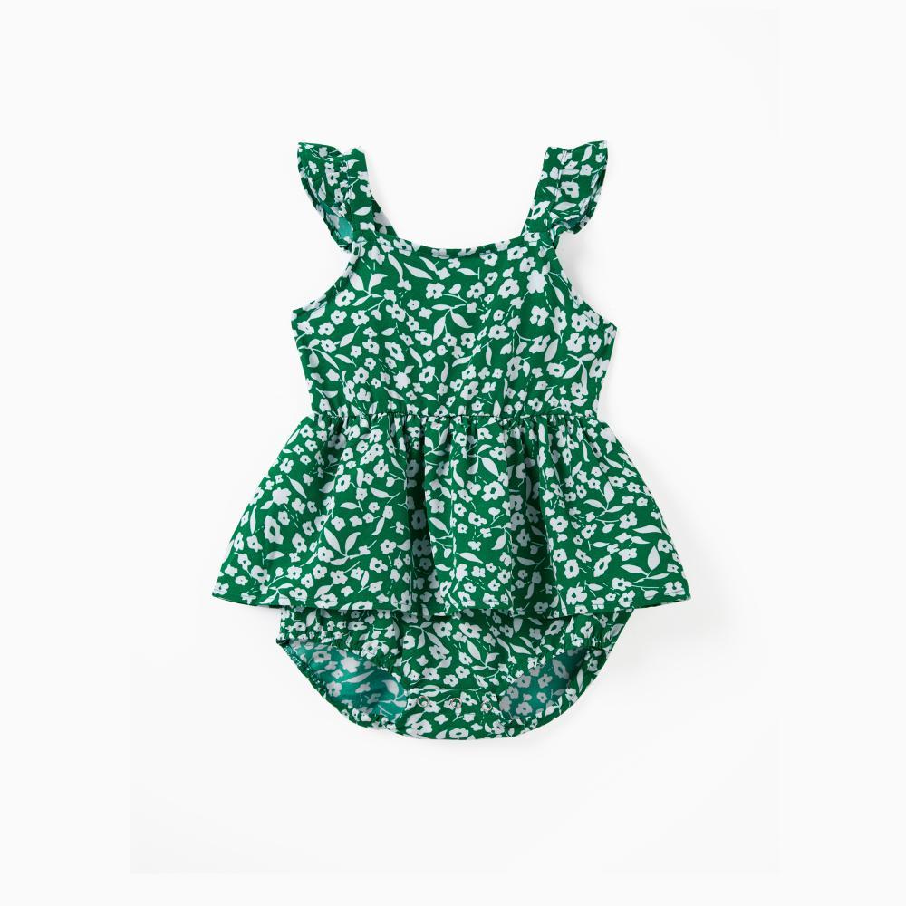 PatPat Matching Floral Print Green Smocked Strap Jumpsuits for Mommy and Me