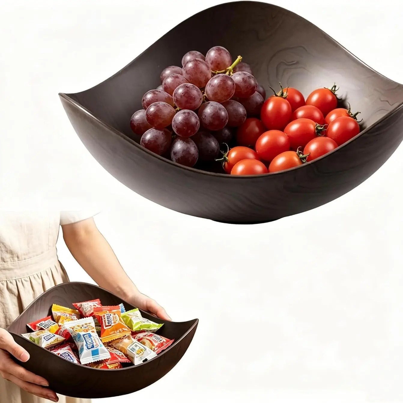 Retro Imitation Wood Grain Fruit Plate, Plastic Fruit Bowls Candy Container for Kitchen Dining Table Perfect for Snacks Fruits and Desserts Home Party Use