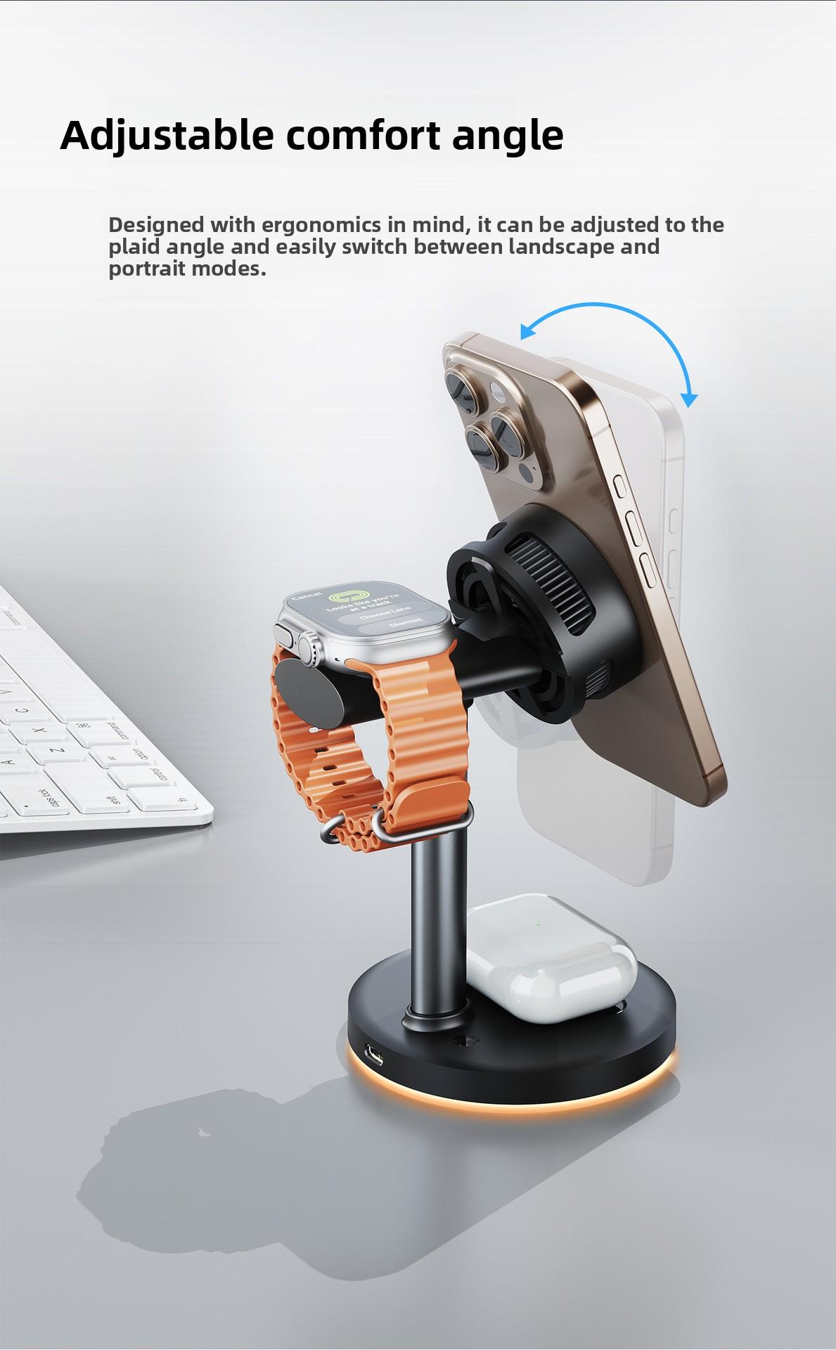 3 in 1 Wireless Charging Station, MagSafe Charger Stand Compatible, Qi2 25W Certified Palm-Sized Foldable Charger for iPhone 17/16, Apple Watch, AirPods (Non-Battery, Adapter Included)