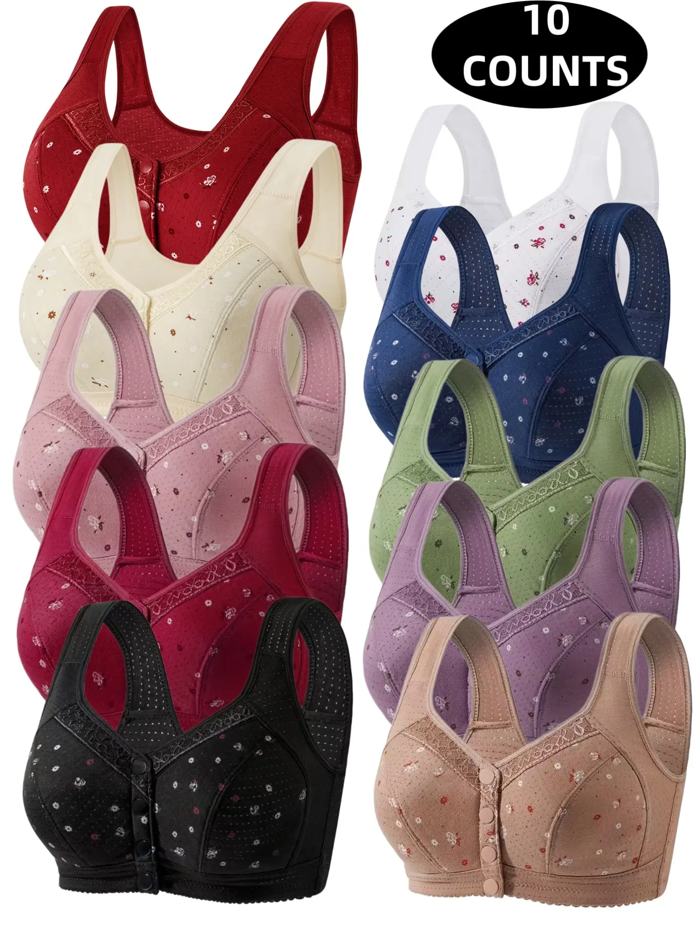 10-Pack Women's Lace Wireless Front Buckle Push-Up Bra, Seamless Comfort Fit, Daily Wear Underwire-Free Bra, Breathable Soft Fabric, All-Day Support