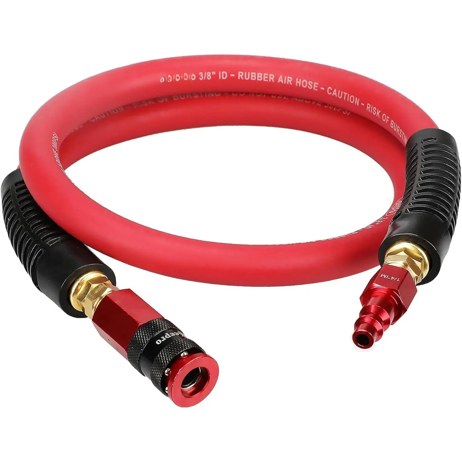 Rubber Air Hose, Durable Air Compressor Hose 3/8 Inch ID By 3  Long with Swivel  Aluminium Quick Coupler and Plug, 300 PSI Maximum , Red