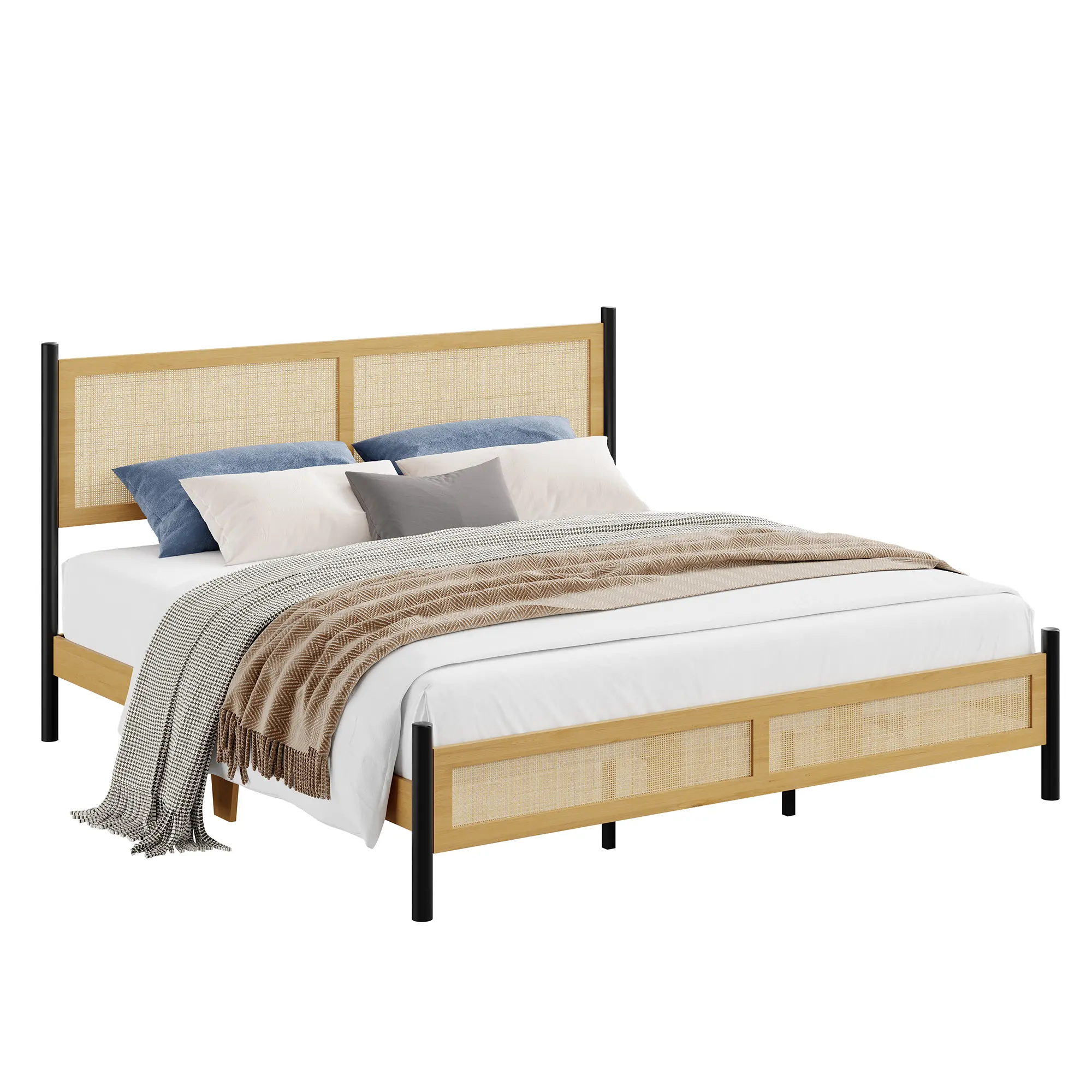 Full/Queen/King Size Boho Style Platform Bed Frame, Hand‑Woven Rattan Wicker Headboard And Footboard, Reinforced Panel Rails With Wood Slats, No Box Spring Needed For Bedroom Decor