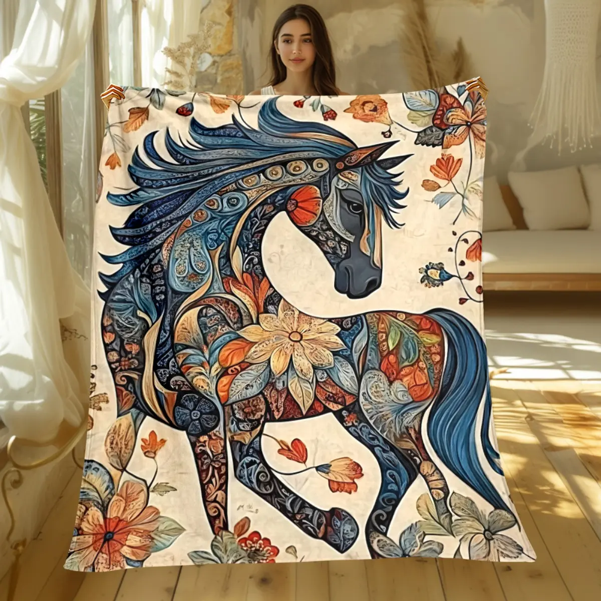 1pc Vintage Bohemian Horse Blanket - Soft Flannel Bedspread with Multicolor Horse & rider/Reign of Kings Patterns, 280gsm All-Season Bedding for Sofa, Bed, Camping - Boho Bedspread for Cozy & Travel, Digital Jacquard Warming, 2D Flat