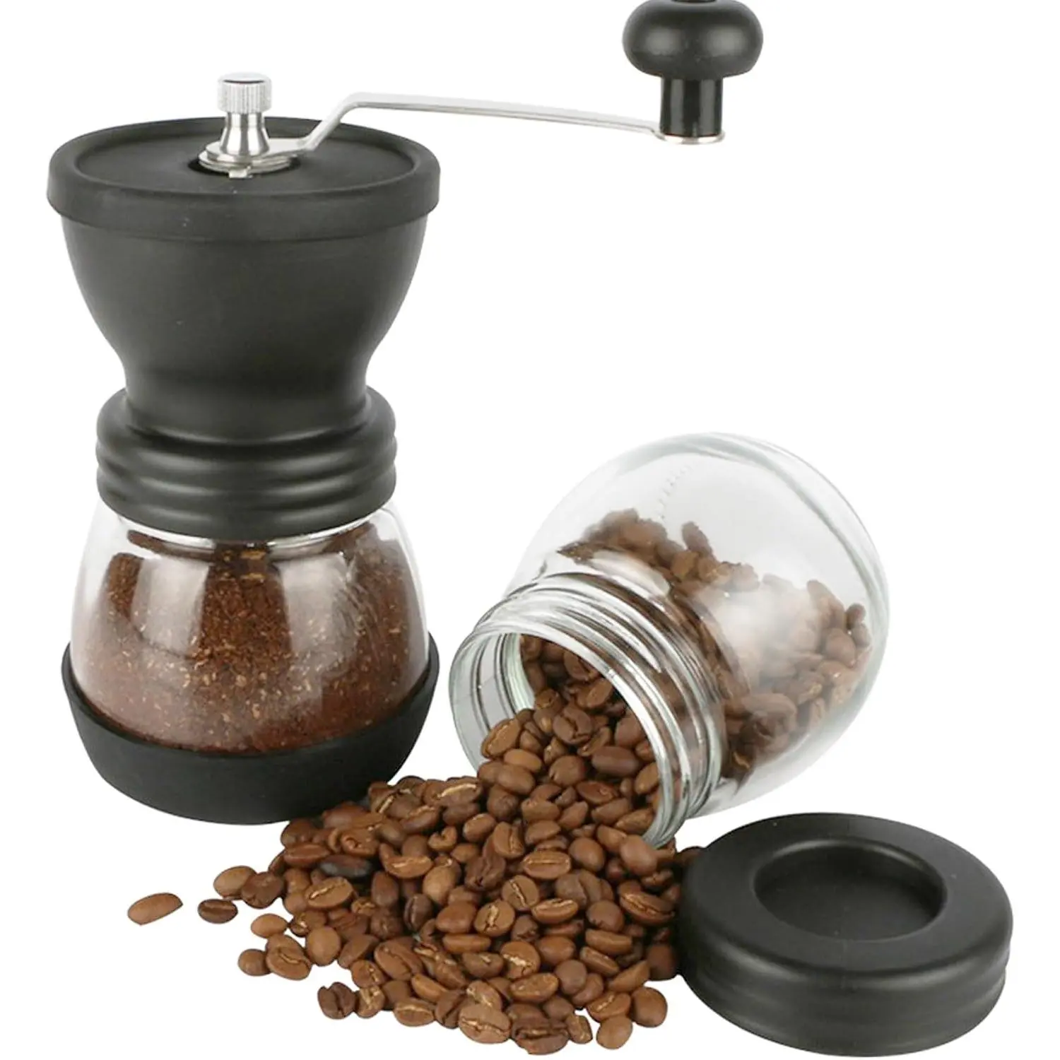 2-Piece Mini Manual Coffee Grinder Set with Conical Ceramic Burrs, Manual Adjustable Coarseness, Includes Two Glass Jars, Cleaning Brush, and Measuring Spoon