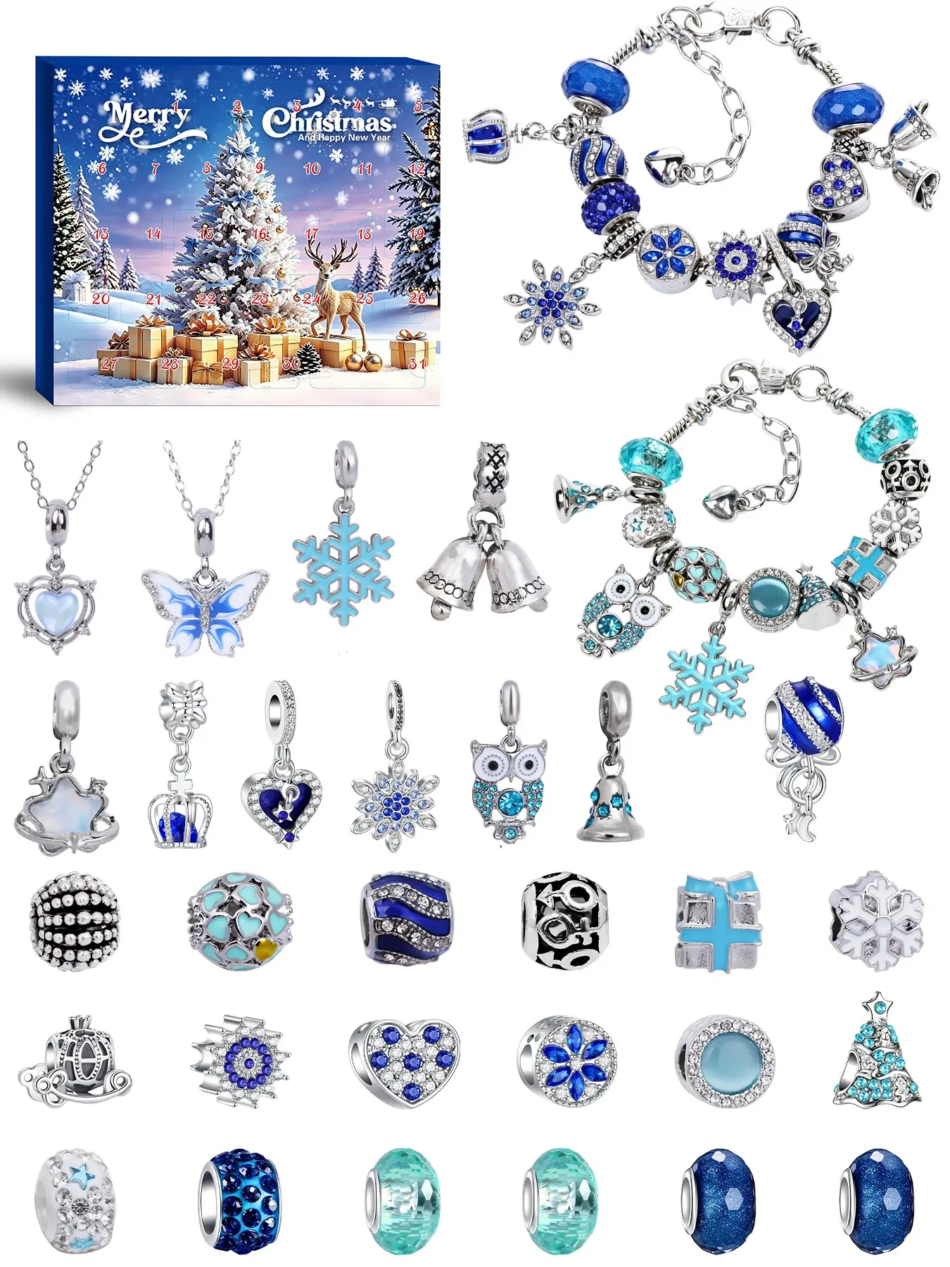 Cute Beaded Bracelets for Women and Girls Snowflake Owl Design Christmas Bracelet Countdown Calendar Poke Jewelry Fashion Accessories Birthday Gift for Her