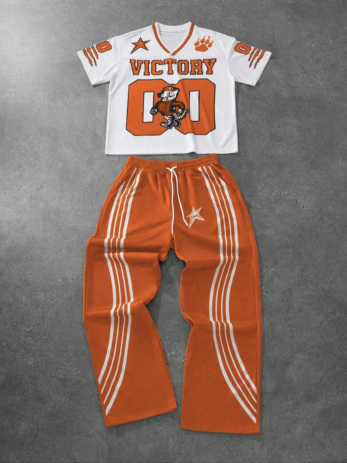 Men's Tiger Print Drop Shoulder Tee & Striped Print Trouser  Two-piece Set, Regular Fit Casual Fashion Cozy Breathable Two Piece Outfits for Daily Outdoor Wear, Men Clothes for All Seasons