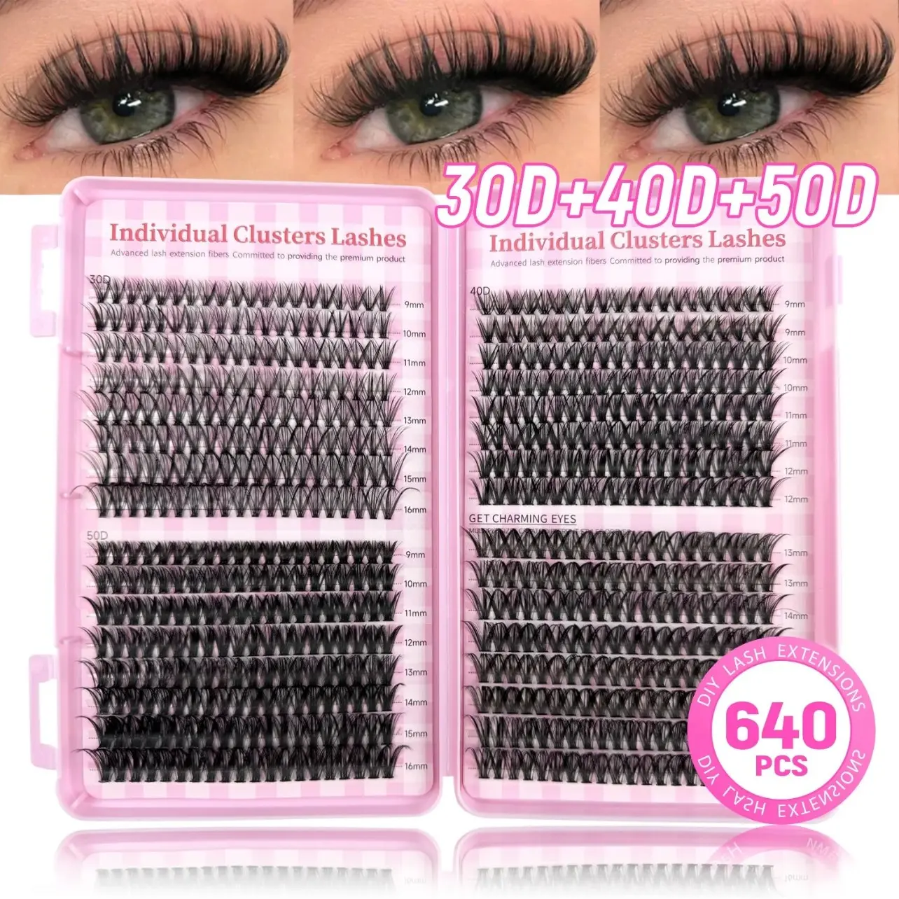 640 Pcs Lash Clusters, D Curl Individual Lashes, 30D+40D+50D, 9-16mm Mixed Length, DIY Volume Eyelashes Natural Looking Lightweight, Reusable Fake Lashes for Beginners