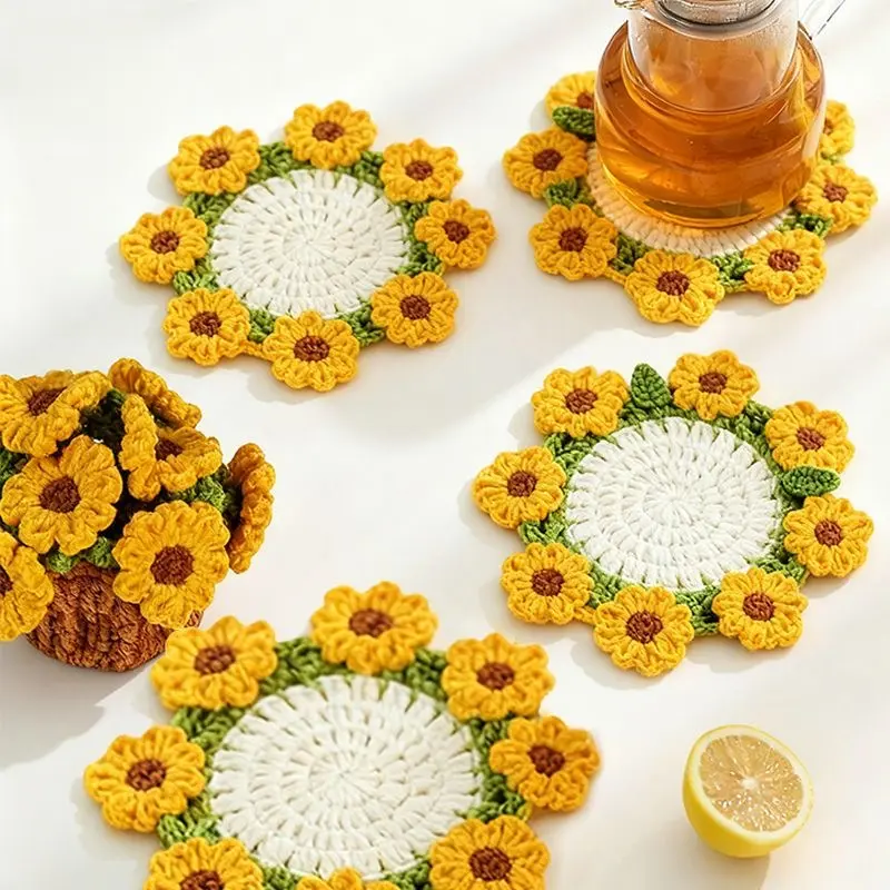 Handmade Crochet Coaster Set with Mini Basket -Boho Floral Coasters Soft Rose Flower Bouquet Knitted Decorative Coasters ,for Coffee Table, Wedding Gift, Housewarming, Home Decor,Birthday Vintage Rose Design