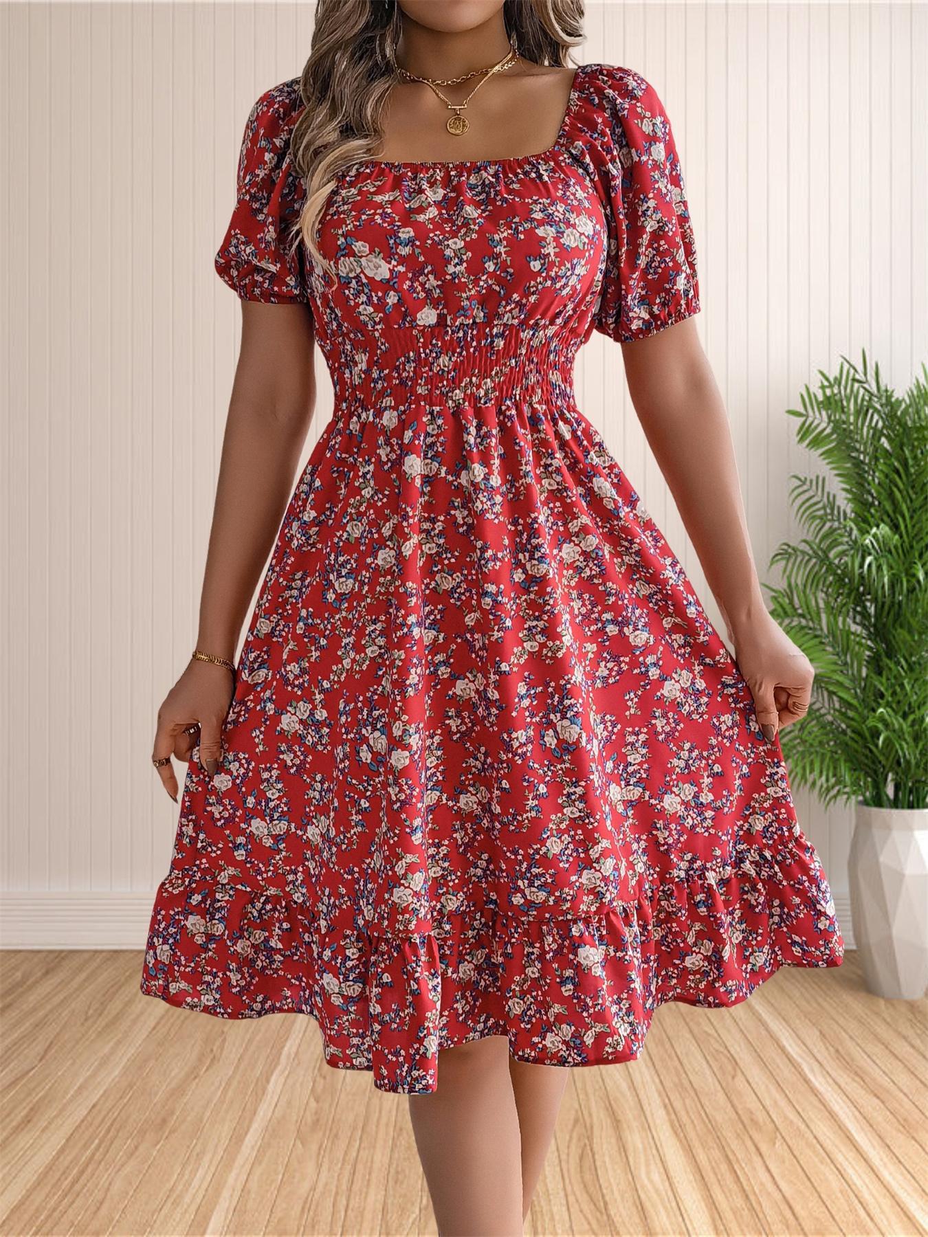 Women's Ditsy Floral Print Shirred Ruffle Hem Dress, Boho Fashion Cute Square Neck Puff Sleeve Knee Length Dress for Holiday Daily Wear, Ladies Dress for Summer