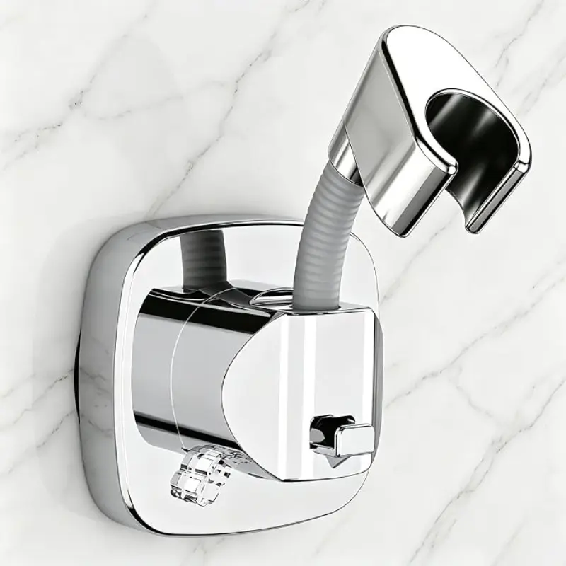 1PC Suction Cup Shower Head Holder - Angle Adjustable Spring Arm, Flexible Wall Mount Shower Hose Holder, Removable Hand Held Shower Bracket with Vacuum Lock & Bonus Hook for Bathroom, Kitchen