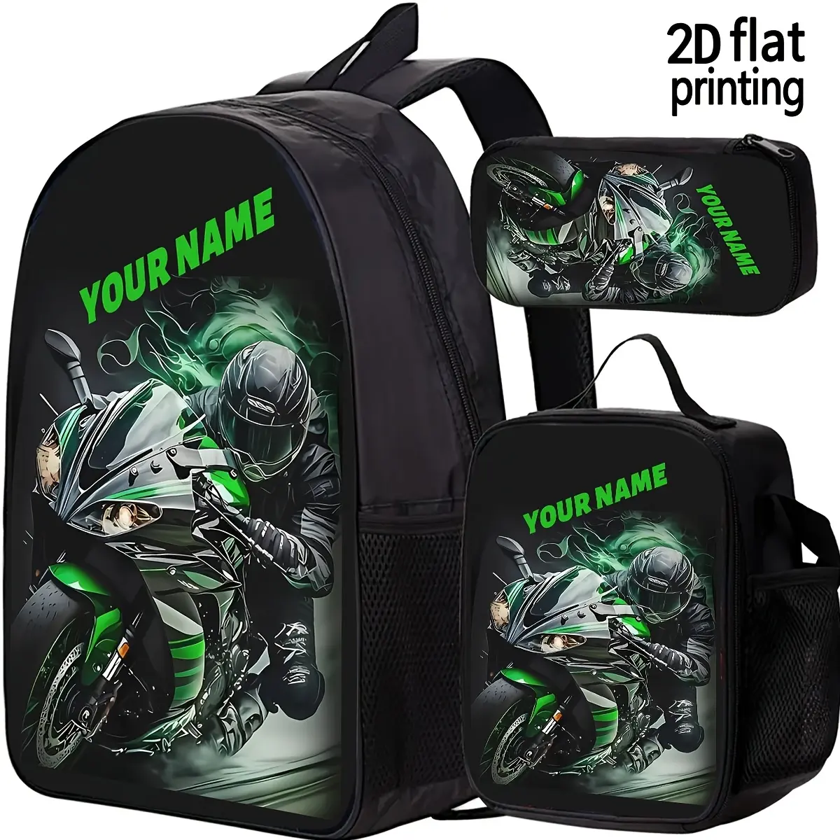 [Motorcycle Rider Backpack] 1/3pcs Personalized Text Customization - New Fashion Motorcycle Rider Backpack - Green and Black Racing Custom Pattern - Large Capacity Lunch Bag - Casual Backpack for Travel and Riding - Versatile Backpack - Trendy Student Sch