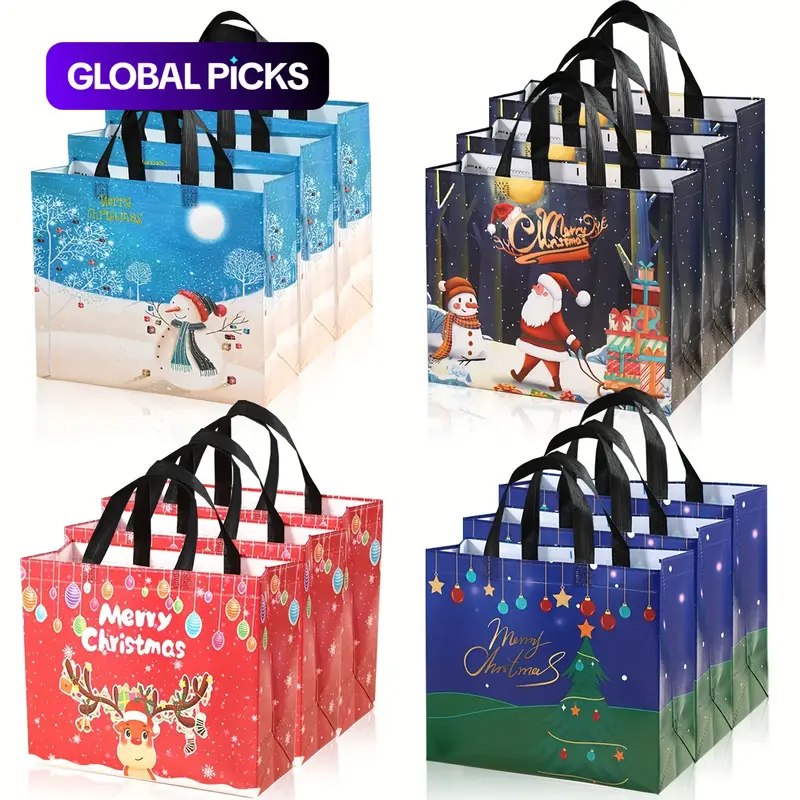 12 Large Reusable Christmas Gift Bags with Handles, Goodie Bags, Party Favor Bags, Party Gift Packs, Gift Packaging, Reusable Party Supplies, Includes Santa Claus Tree Snowman Designs, Perfect for Holiday Parties and Surprises #GLOBAL PICKS