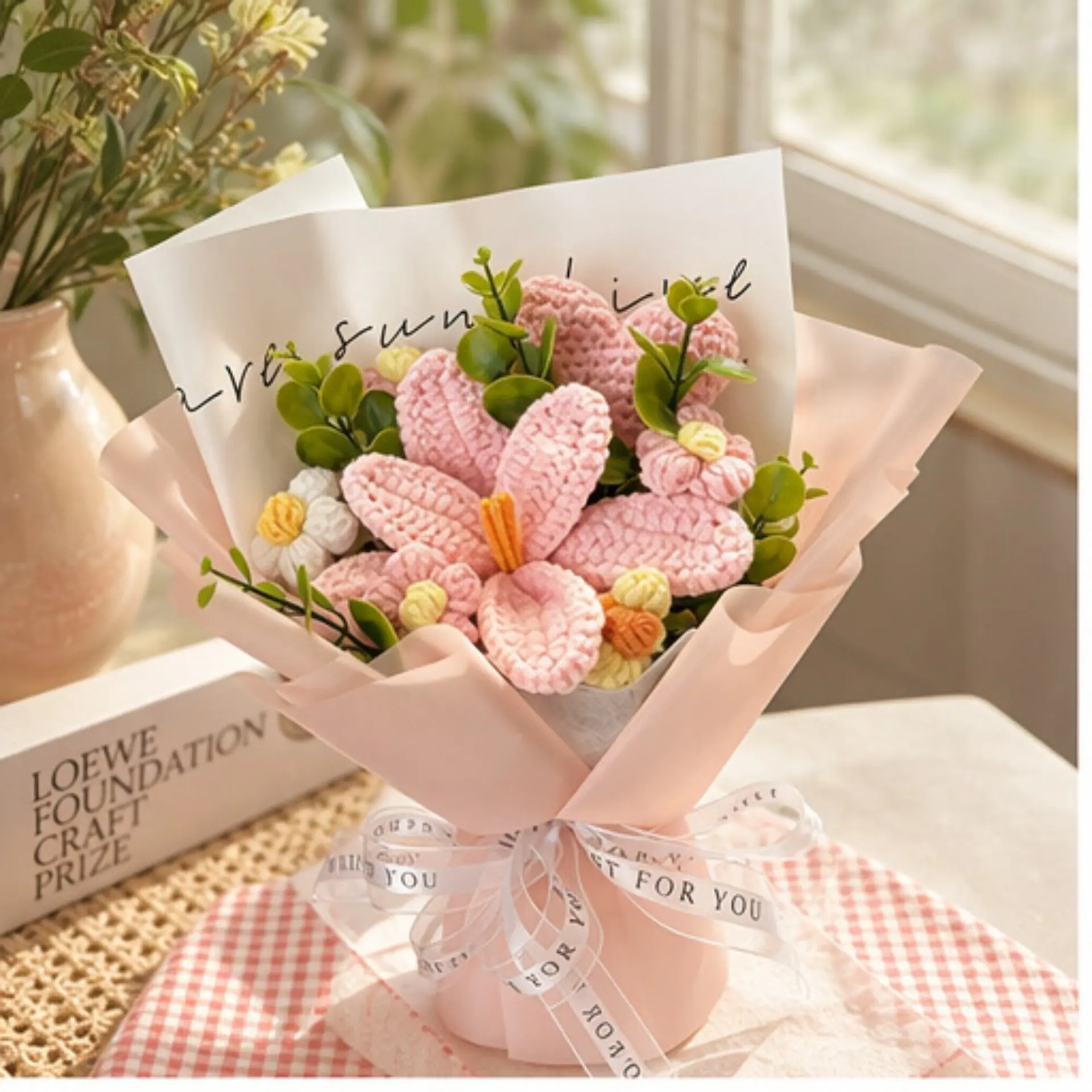 Finished Knitted Tulip and Heart Bouquet – Includes Gift Bag (Ready-to-Give Gift)