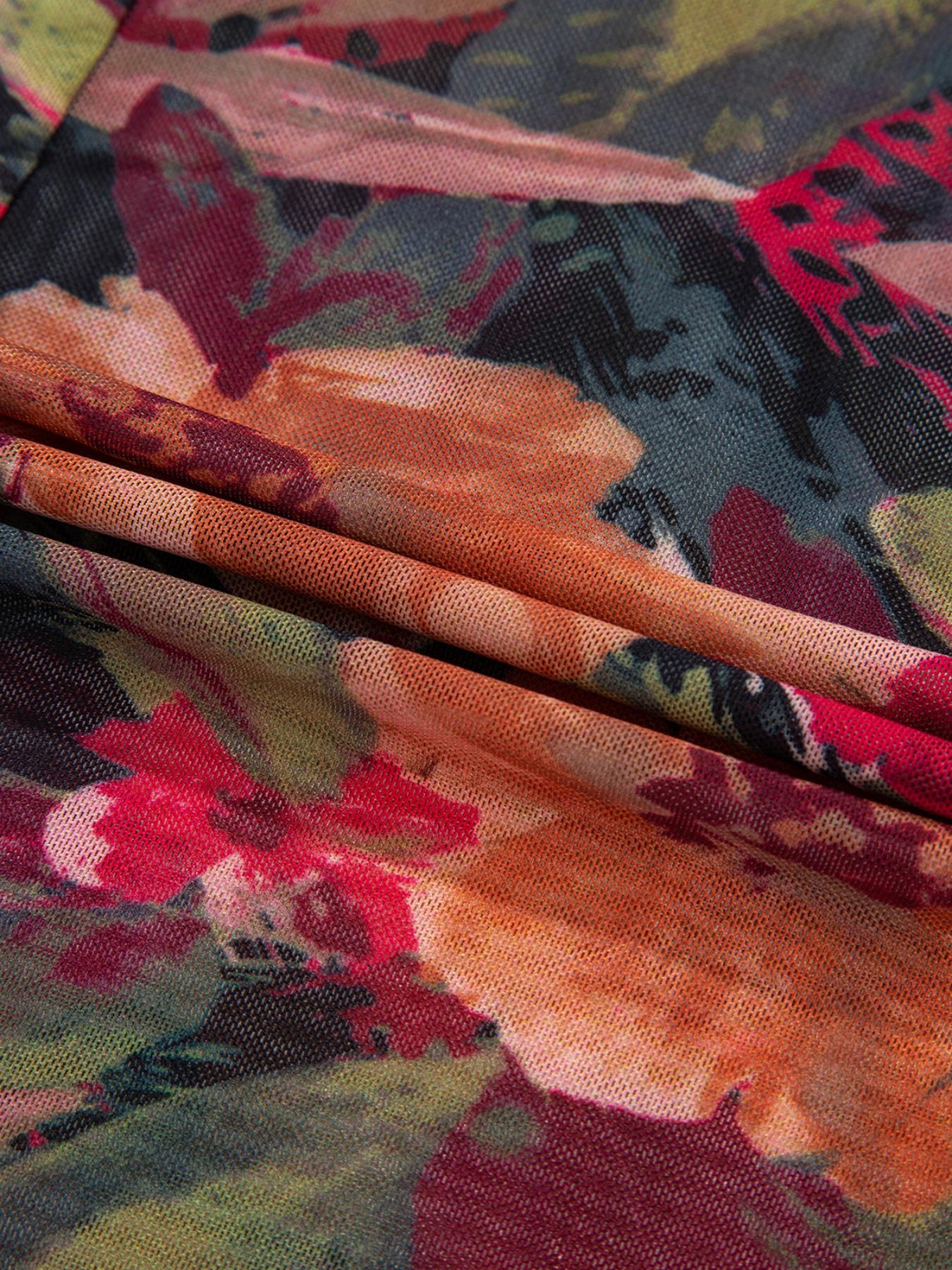 Floral Print Mesh Long Sleeve Top, Women's Casual Round Neck Ruffle Hem Blouse, Spring & Fall Fashion, Womenswear