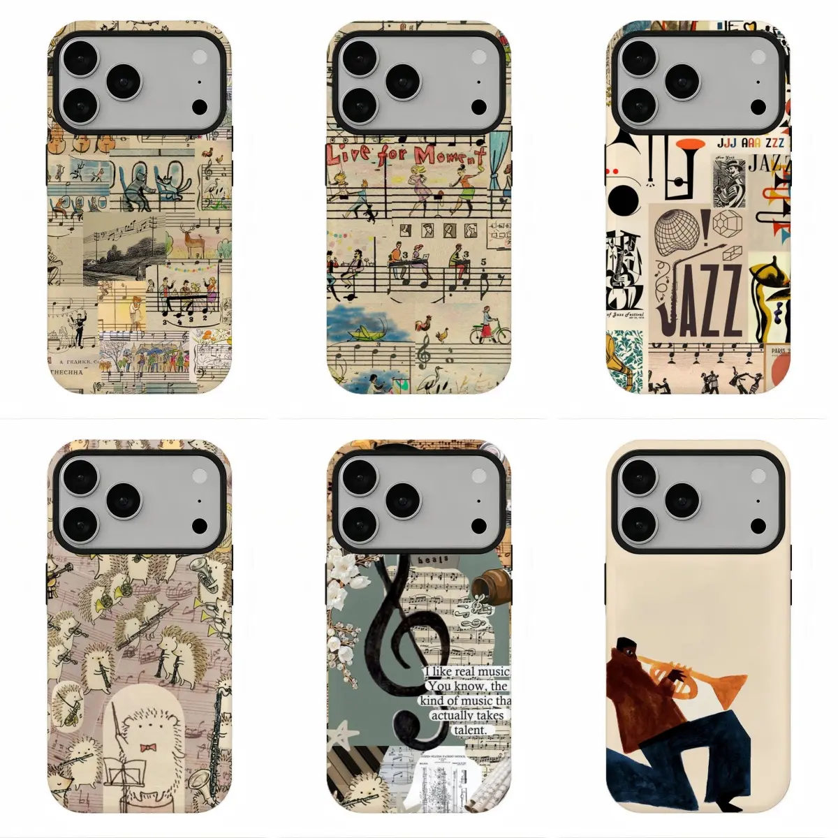 Vintage Jazz Music Sheet Collage Phone Case, Y2K Retro Band Instrument Print Case, Viral Musical Instrument Hedgehog Scrapbook Protective Shell, Compatible for iPhone 17Promax 16 15 14 13 12 11 and for Samsung S26‑21, Perfect Music Lover Holiday Gift