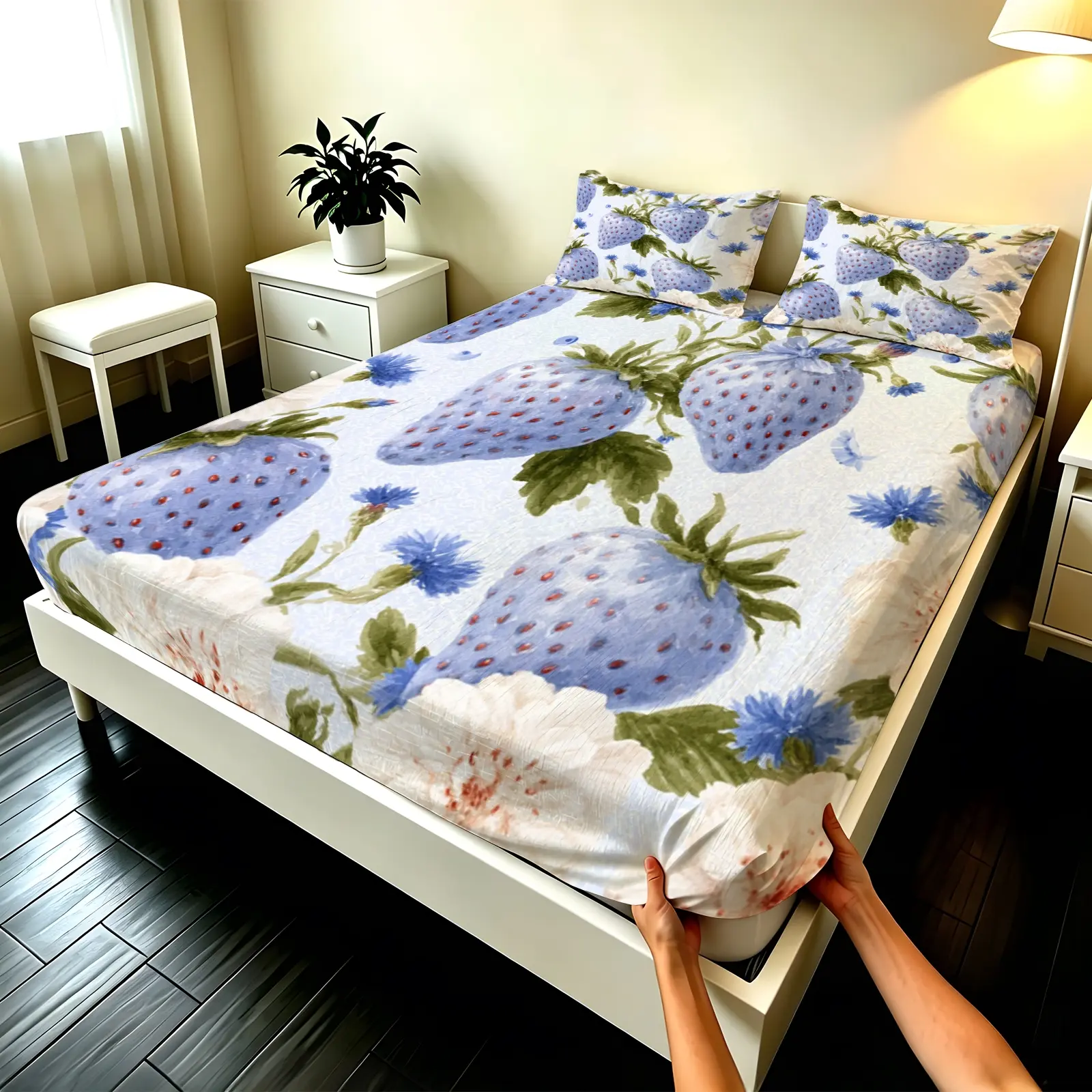 3pcs Fitted sheet Blue Strawberry Floral Print Soft Microfiber Bedding Set Wrinkle Resistant Fade Proof Breathable Skin Friendly Comfortable All Season Fit for Twin Full Queen King Size Bedroom Home Dorm