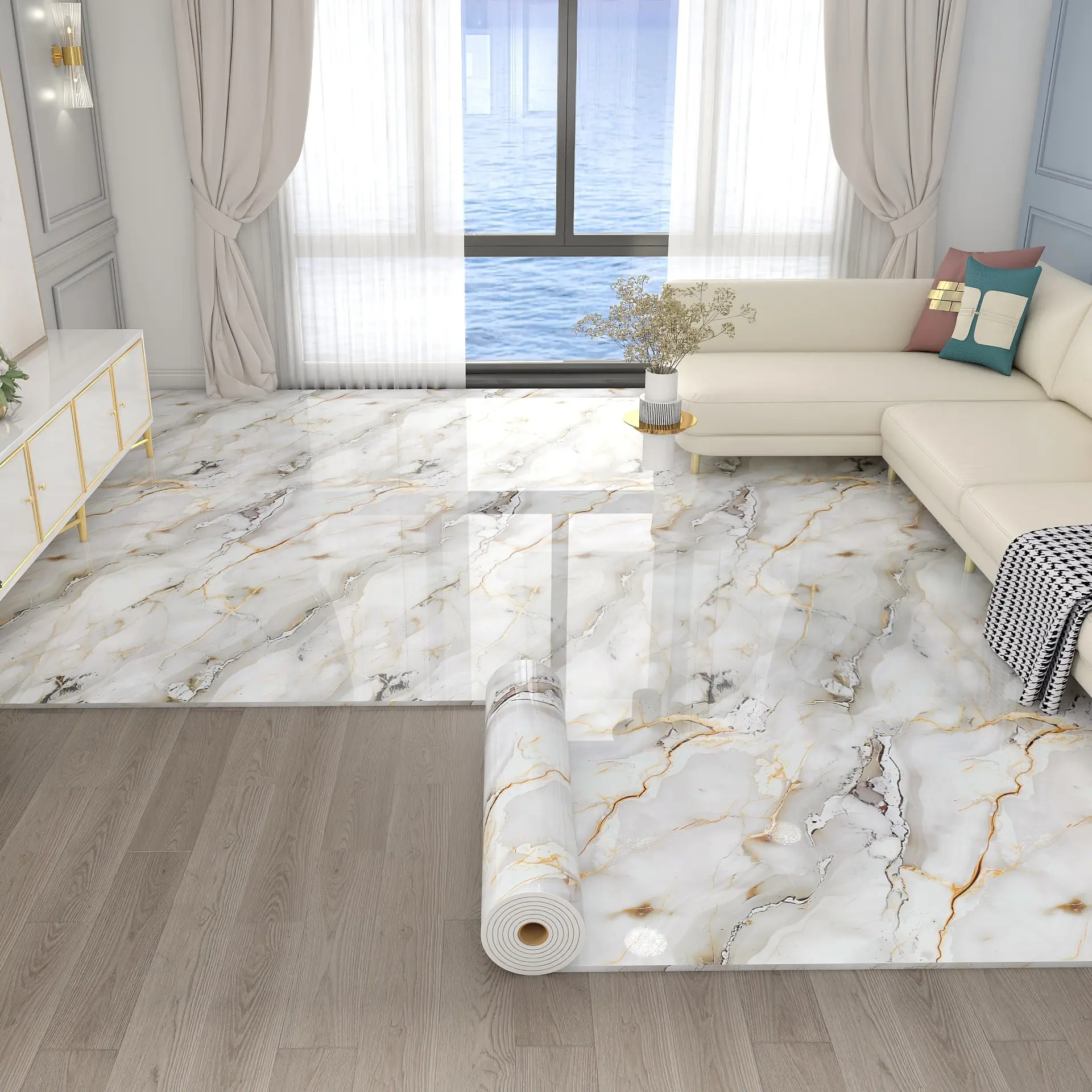 1 Roll, 15.75in*118.11in Extra Thick Marble Floor Panels, Peel and stick vinyl floor panels, Self Adhesive Flooring, Easy to Care and Maintain, Suitable for floor and wall renovation and transformation in bedroom, living room, bathroom.