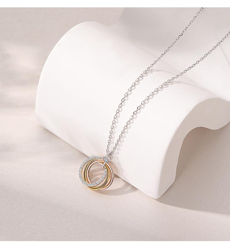 S925 Sterling Silver Three - Ring Colorful Zircon Circle Pendant Necklace Women's Fashion Design Daily Wear Festival Gift Jewelry