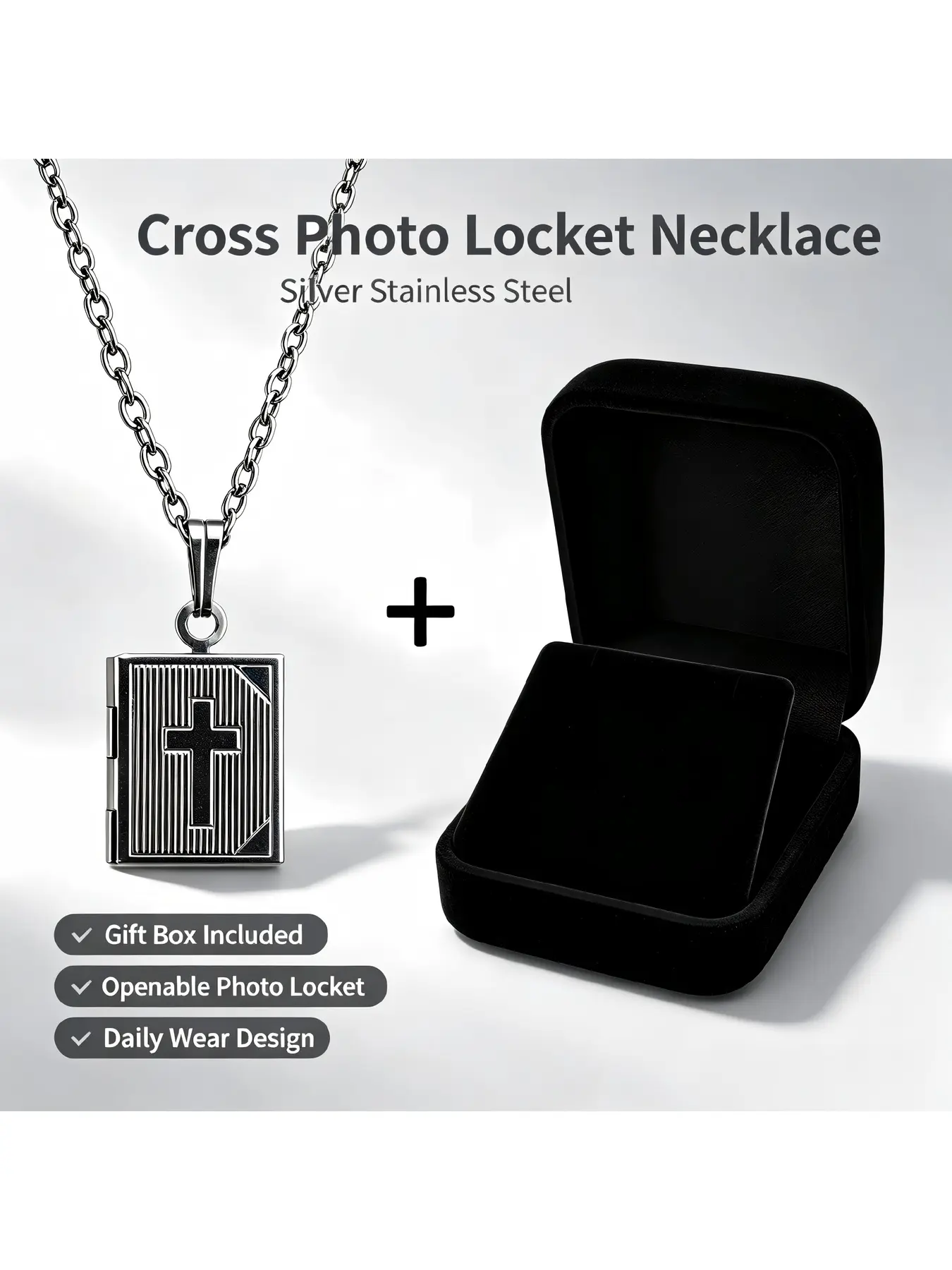 Stainless Steel Cross Photo Locket Necklace Rectangular Mirror Polished Openable Pendant for Men Velvet Gift Box Birthday Anniversary