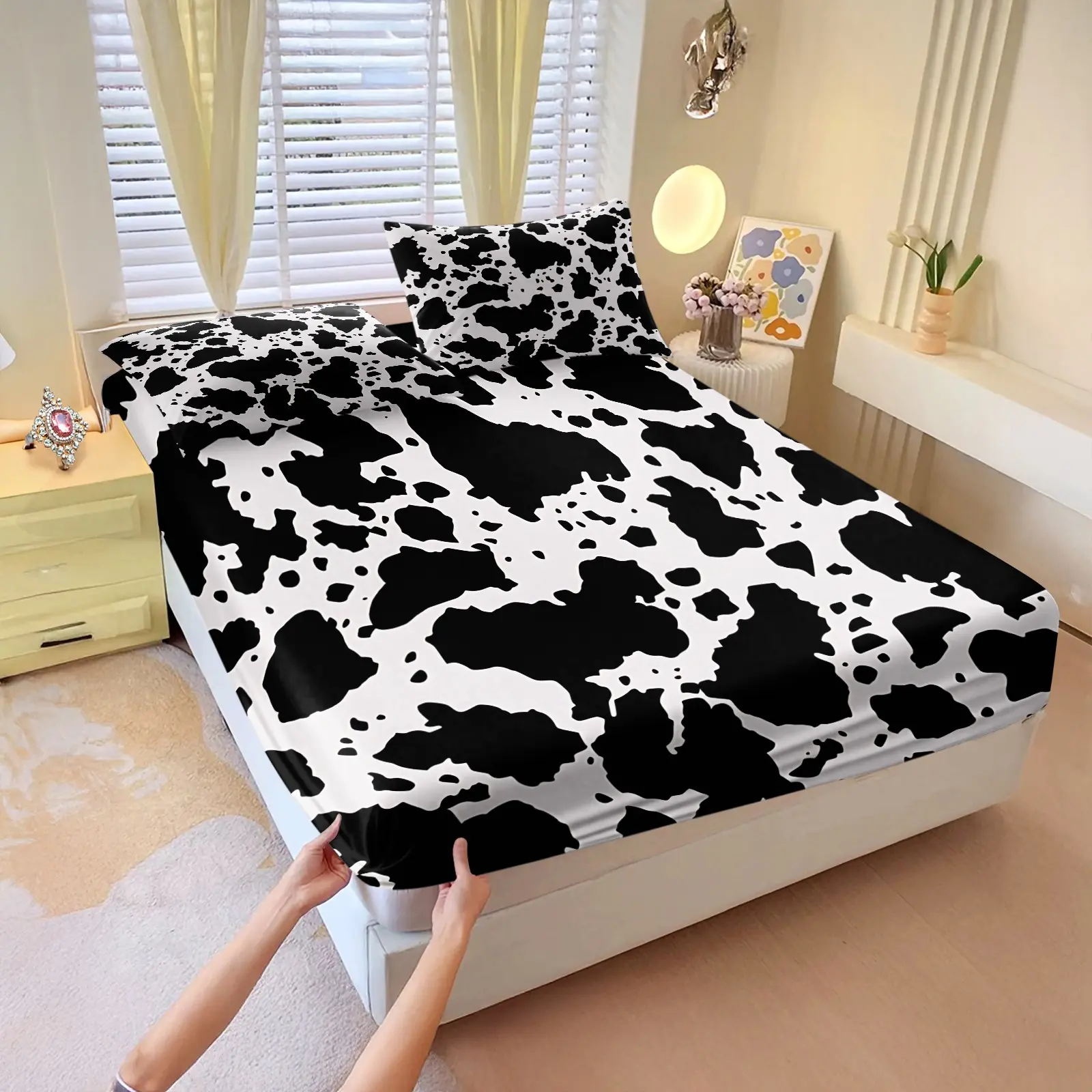 3Pcs Vintage Brown White Contrast Cow Print Fitted Sheet Set, Bedsheet, Earth Tone Irregular Spot Trendy Print, Breathable Wrinkle-resistant Wearable Fabric Machine Washable, Retro Vibe, Complete Bedding For Home Decor