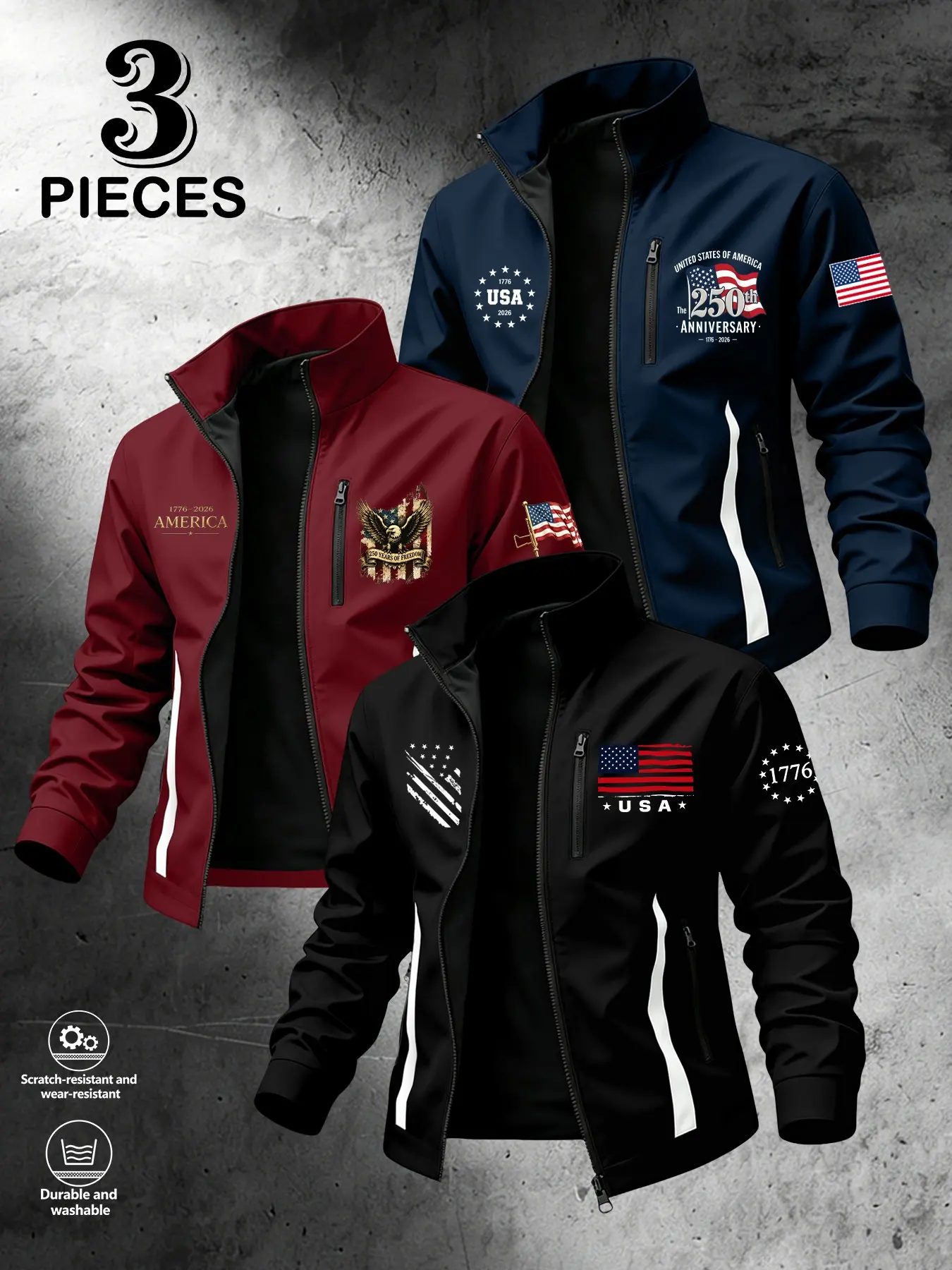3 Piece Set American 250th Anniversary Lapel Jacket, Men's Outdoor Casual Zipper Coat with Inner Pockets, Trendy Us Flag Print Top Casual Outdoor Menswear