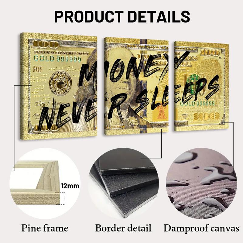 Money Never Sleeps Theme Wooden Framed Canvas Painting, 3 Counts Modern Art Fashion Decoration, Modern Art Design, Wall Art for Home Living Room Bedroom Office, Poster