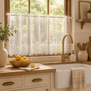 1pc French Country Style Short Drapes, Sheer Fabric with Leaf Embroidery, Shell Wave Trim, Rod-Pass Installation, Soft Light Filter