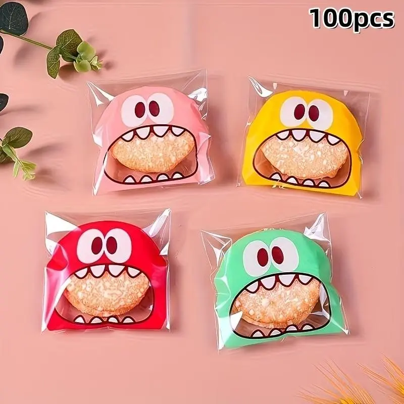 100 Cute Cartoon Monster Self-Adhesive Cookie and Candy Bags, Colorful Food-Safe Plastic Snack Packaging, Re-Sealable, Perfect for Holidays
