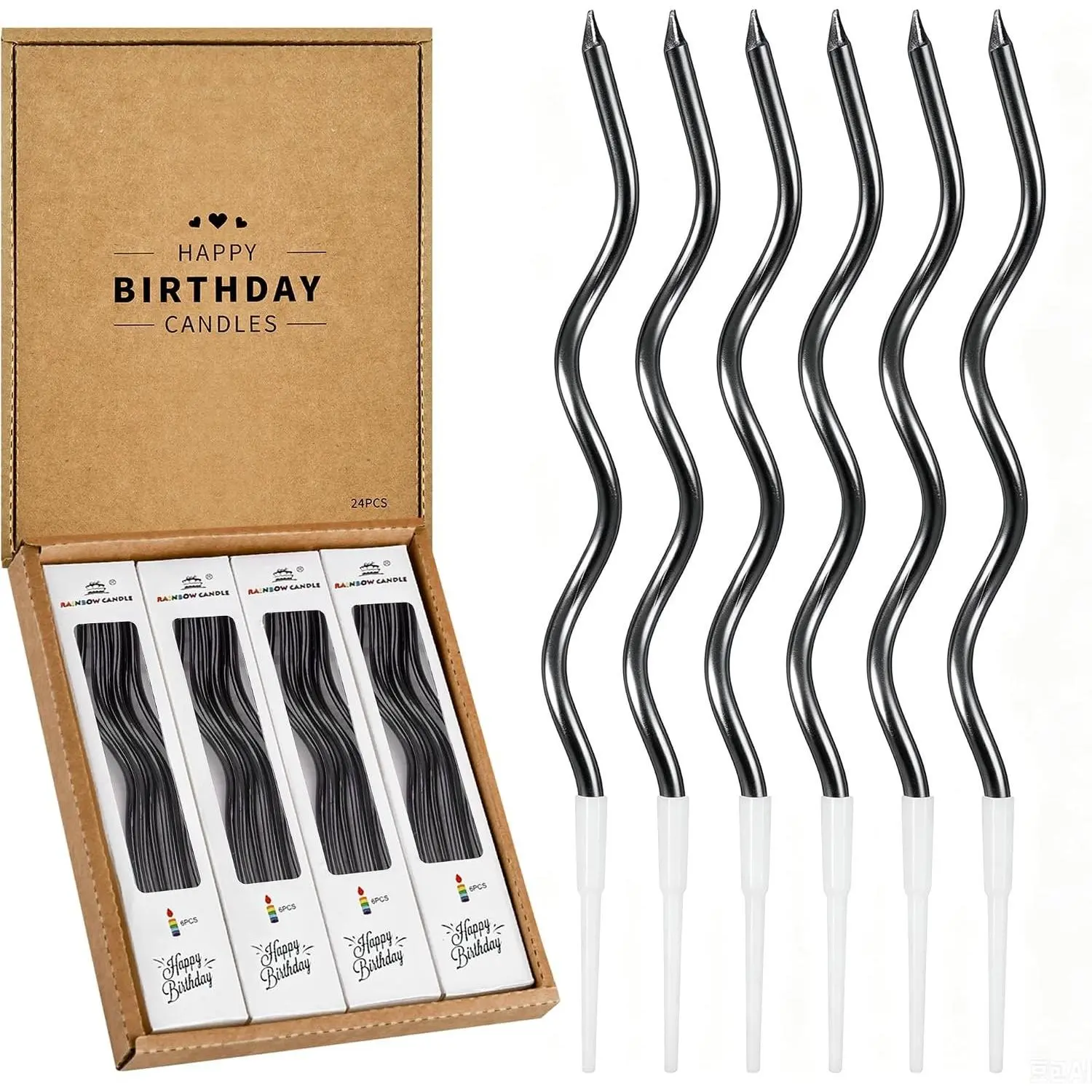 24-Count Black Spiral Long Thin Birthday Candles,  Candles, Birthday Parties, Wedding Decorations, Party Candles