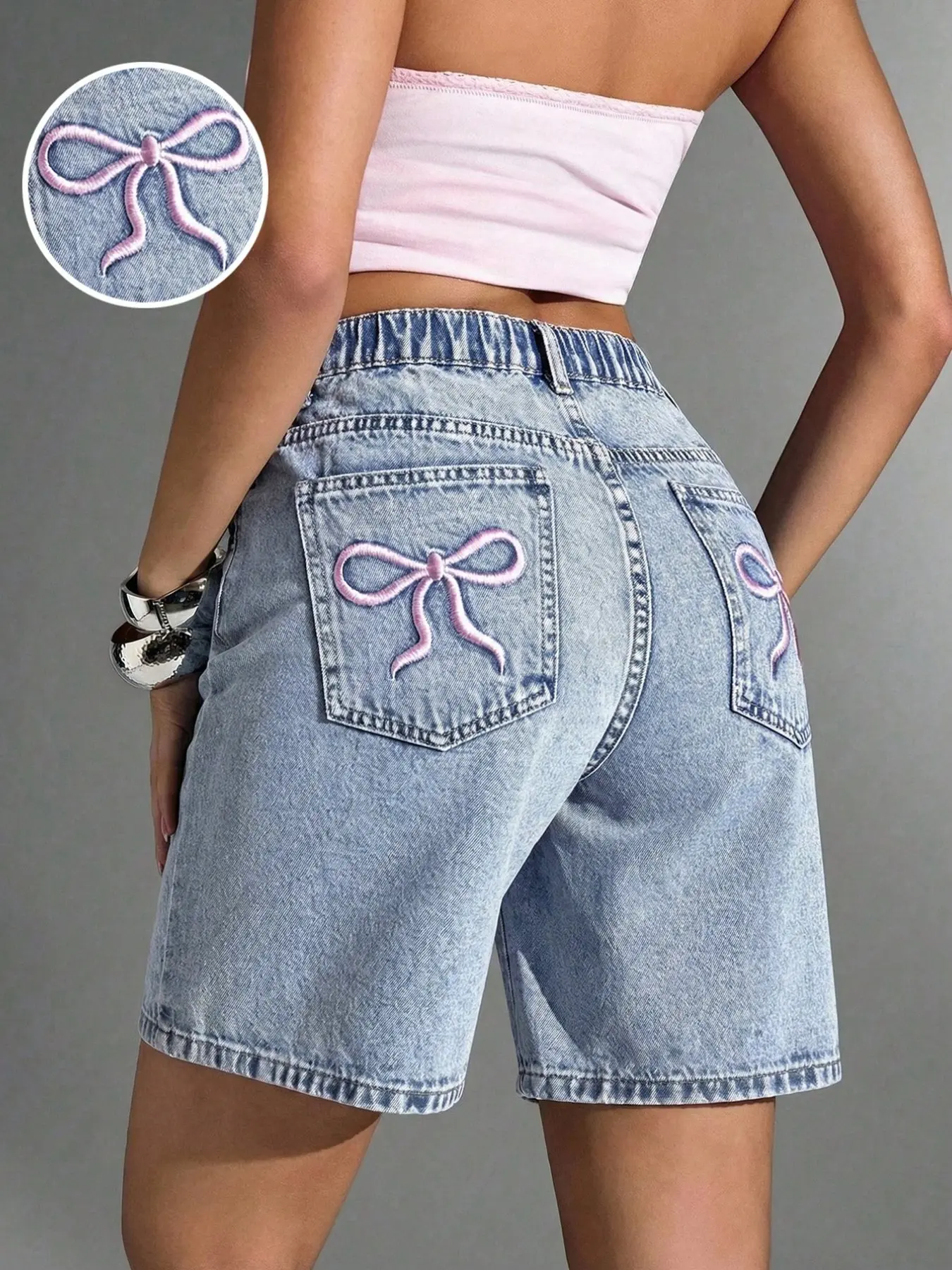 Y2K Retro Light Wash Denim Bermuda Shorts for Teen Girls Pink Bow, High Waist Slim Fit, Casual Boho Chic Style, Ideal for Summer, School, Campus, Everyday Shorts