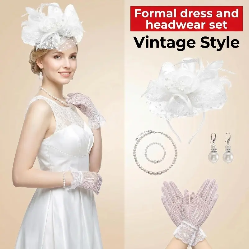 Women’s White Fascinator Hat Headband and Pearl Jewelry Gloves Set, Vintage Tea Party Wedding Church Costume Accessories