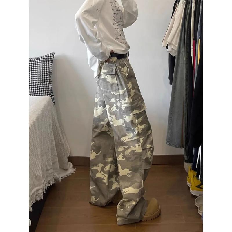 Kyn Apparel American Washed Retro Pocket Wide Leg Loose Casual Straight Paratrooper Pants Men's Trendy Camouflage Pocket Cargo Pants