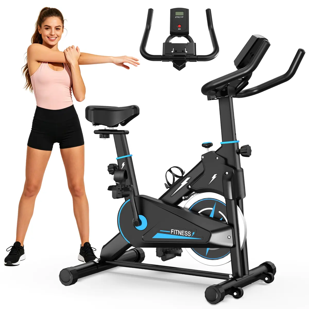 AobtkelIndoor Exercise Bike, Stationary Cycling Bike with Monitor, Adjustable Resistance, Comfortable Seat & Handlebars, Stable Base, Portable Design Home Fitness Workout Cycle for Daily Indoor Use