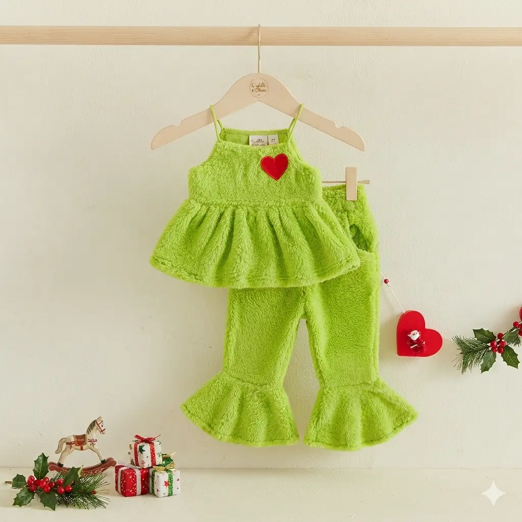 Kid Girls Christmas Pants Set Outfit Heart Embroidery Green Fuzzy Camisole & Flared Pants