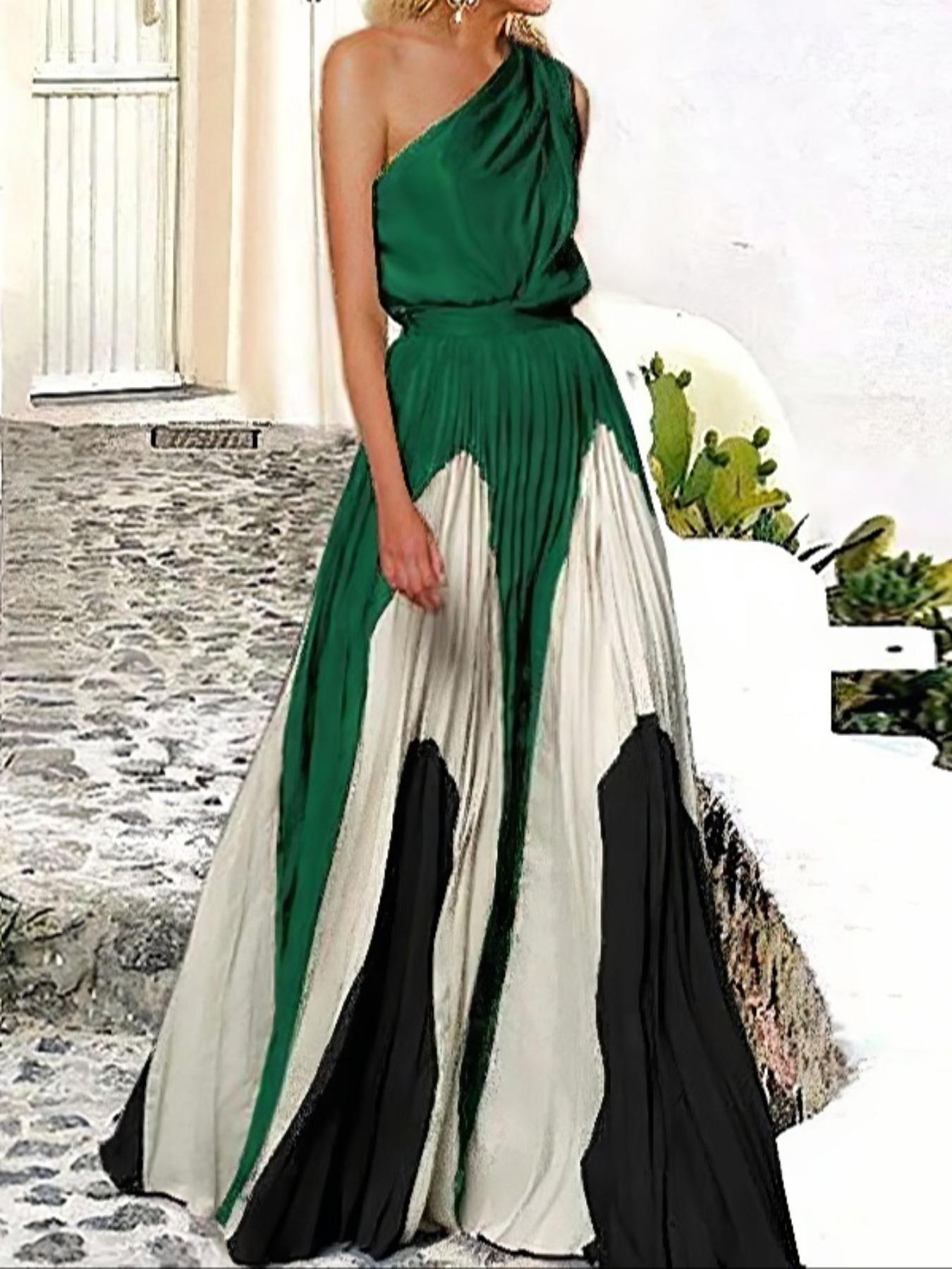 Women's Colorblock  One Shoulder Dress, Elegant  Long Dress for Party Holiday Wedding Guest, Ladies Clothes for All Seasons