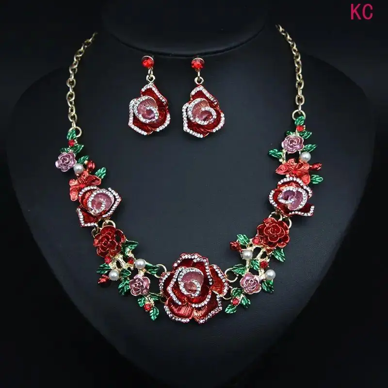 Boho 3Pcs Synthetic Rose Rhinestone Decor Jewelry Set, Colorful Necklace And Earring Combo For Wedding And Daily Styling Matching Accessory