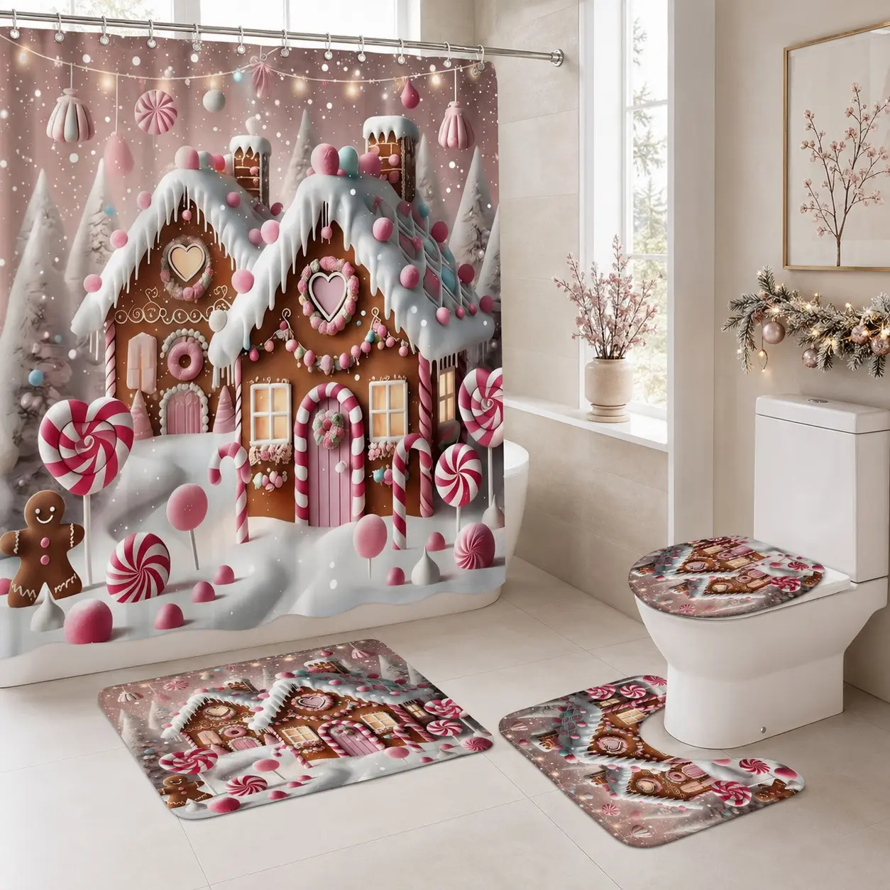 4pcs Gingerbread House Shower Curtain Set, Candy Cane Christmas Print, Snowy Sweet Treats, Hot Cocoa Holiday Decor, Tiktok Trending