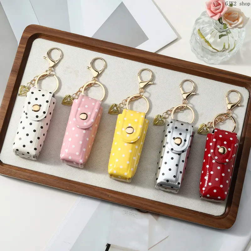 Portable Lipstick Holder Keychain, Polka‑Dot Mini Lipstick Pouch, Easy Carry Lipstick Storage Bag Charm for Handbag