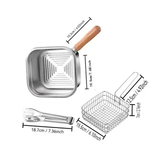 Square stainless steel frying pan with frying basket, three piece set